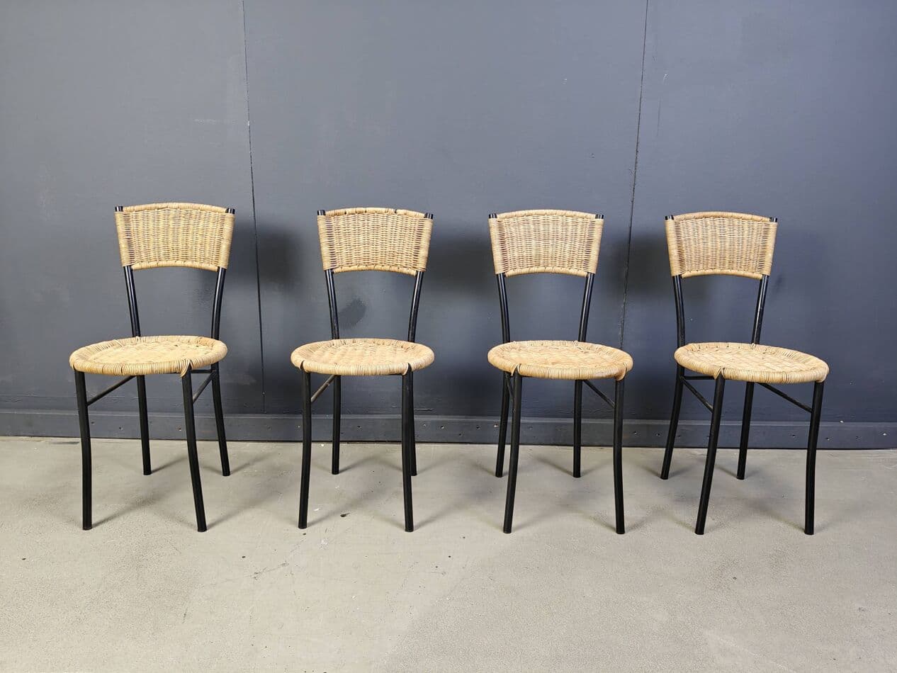Set of Four Dining Chairs, beige rattan, black metal, Italy, 1980s. - 272382