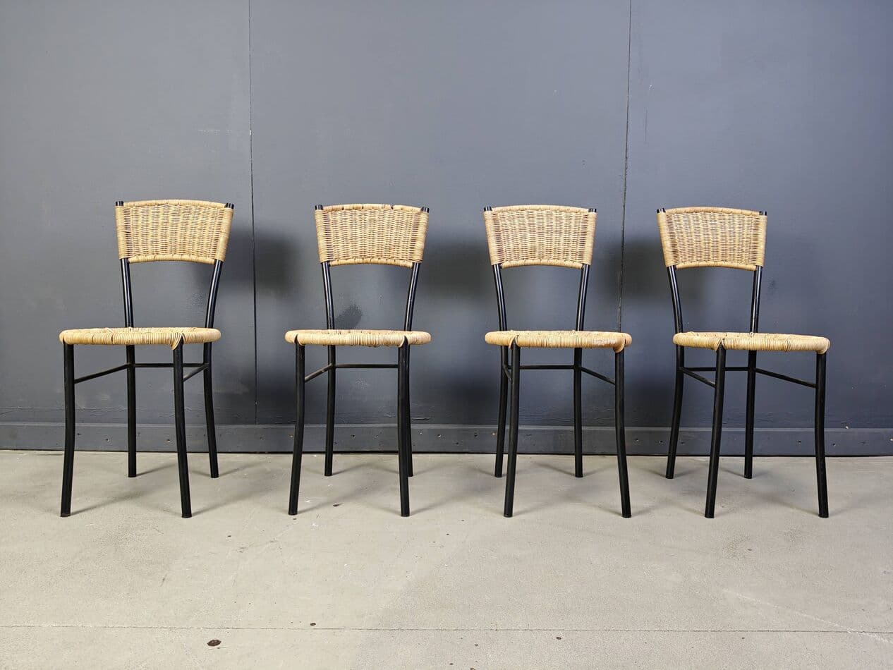 Set of Four Dining Chairs, beige rattan, black metal, Italy, 1980s. - 272381
