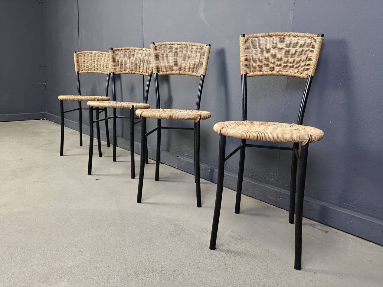 Set of Four Dining Chairs, beige rattan, black metal, Italy, 1980s. - 272389