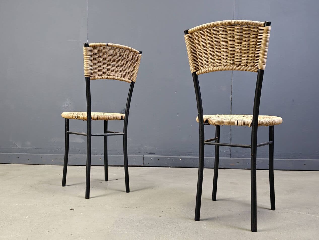 Set of Four Dining Chairs, beige rattan, black metal, Italy, 1980s. - 272384