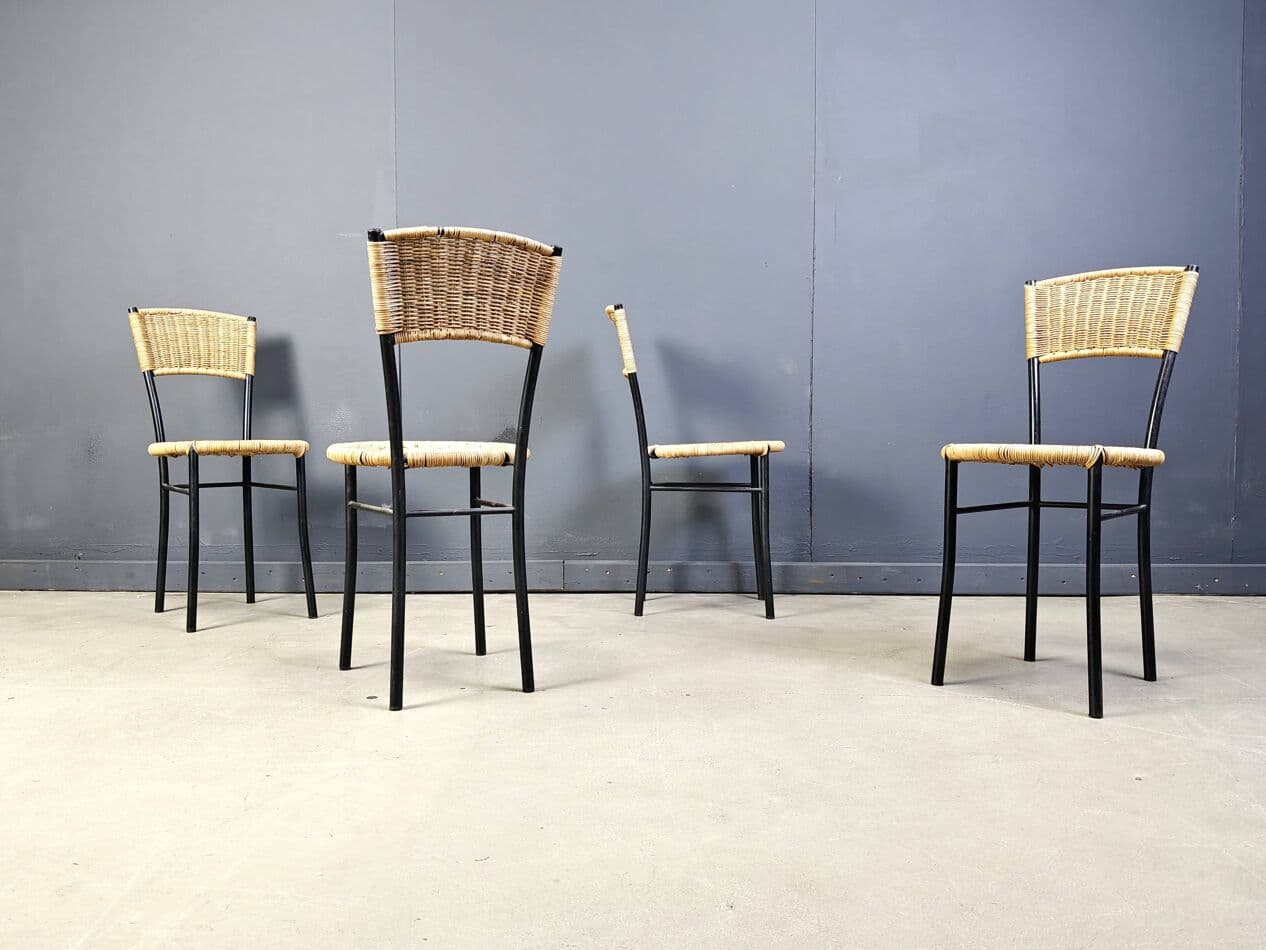 Set of Four Dining Chairs, beige rattan, black metal, Italy, 1980s. - 272390