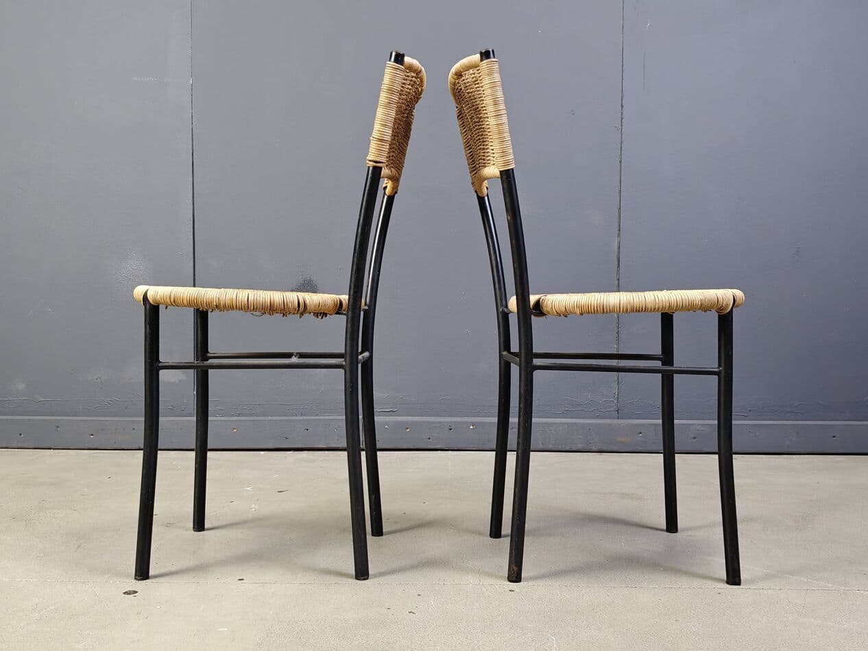 Set of Four Dining Chairs, beige rattan, black metal, Italy, 1980s. - 272385