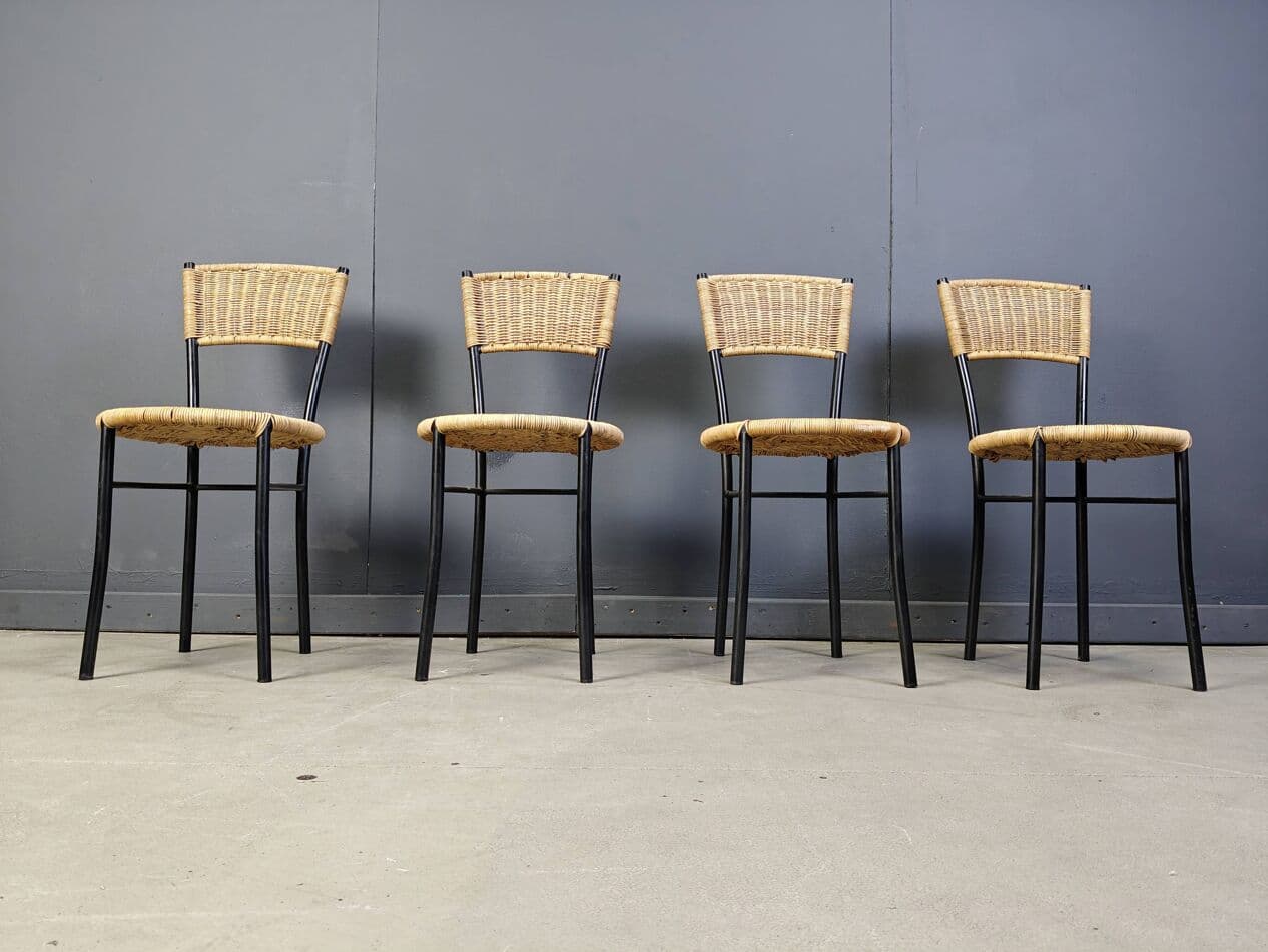 Set of Four Dining Chairs, beige rattan, black metal, Italy, 1980s. - 272391
