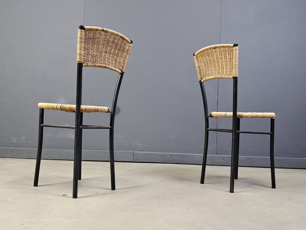 Set of Four Dining Chairs, beige rattan, black metal, Italy, 1980s. - 272386