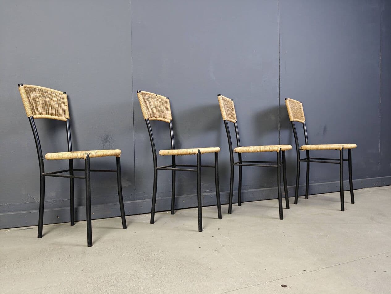 Set of Four Dining Chairs, beige rattan, black metal, Italy, 1980s. - 272388