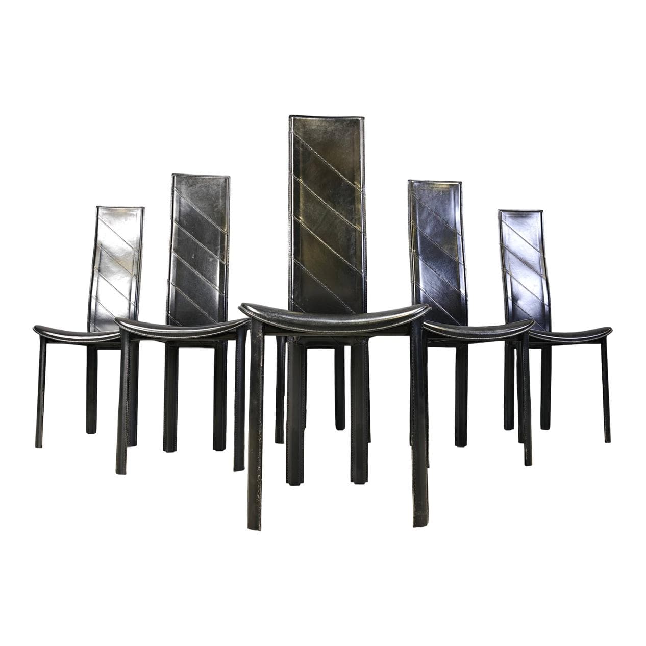 Set of six dining chairs, black leather, Italy, 1980s.
