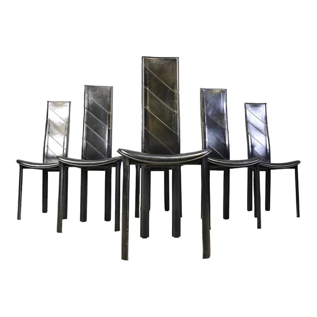Set of six dining chairs, black leather, Italy, 1980s. - DIMENSION