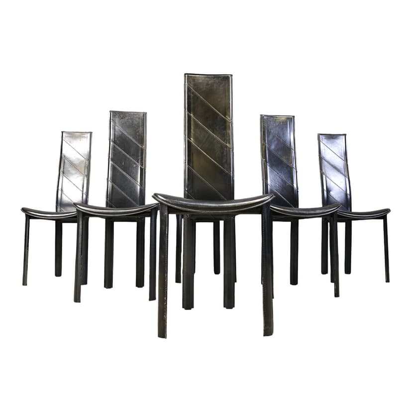 Zestaw sześciu krzeseł jadalnianych, skóra czarna, Włochy, lata 80.