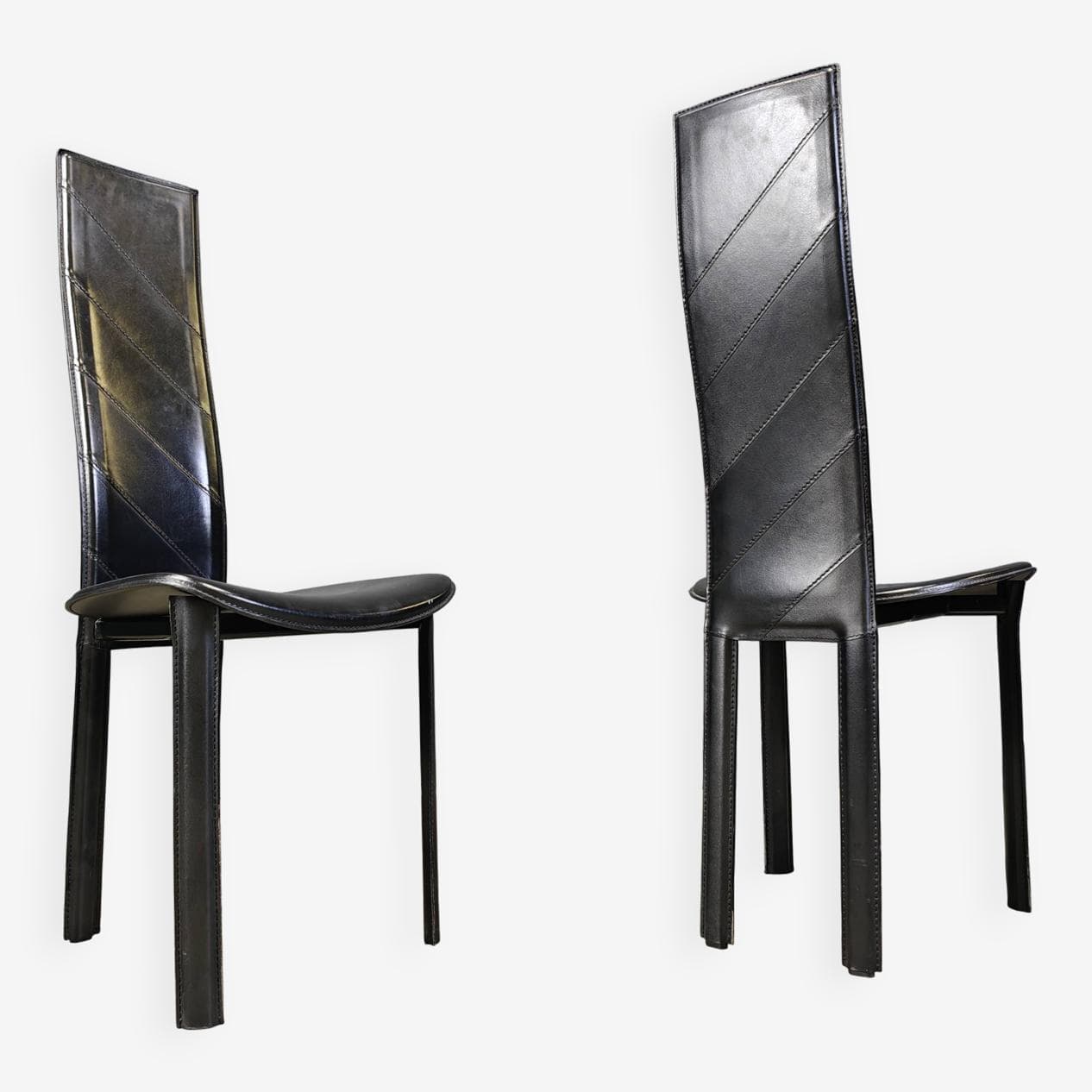 Set of six dining chairs, black leather, Italy, 1980s. - 272332