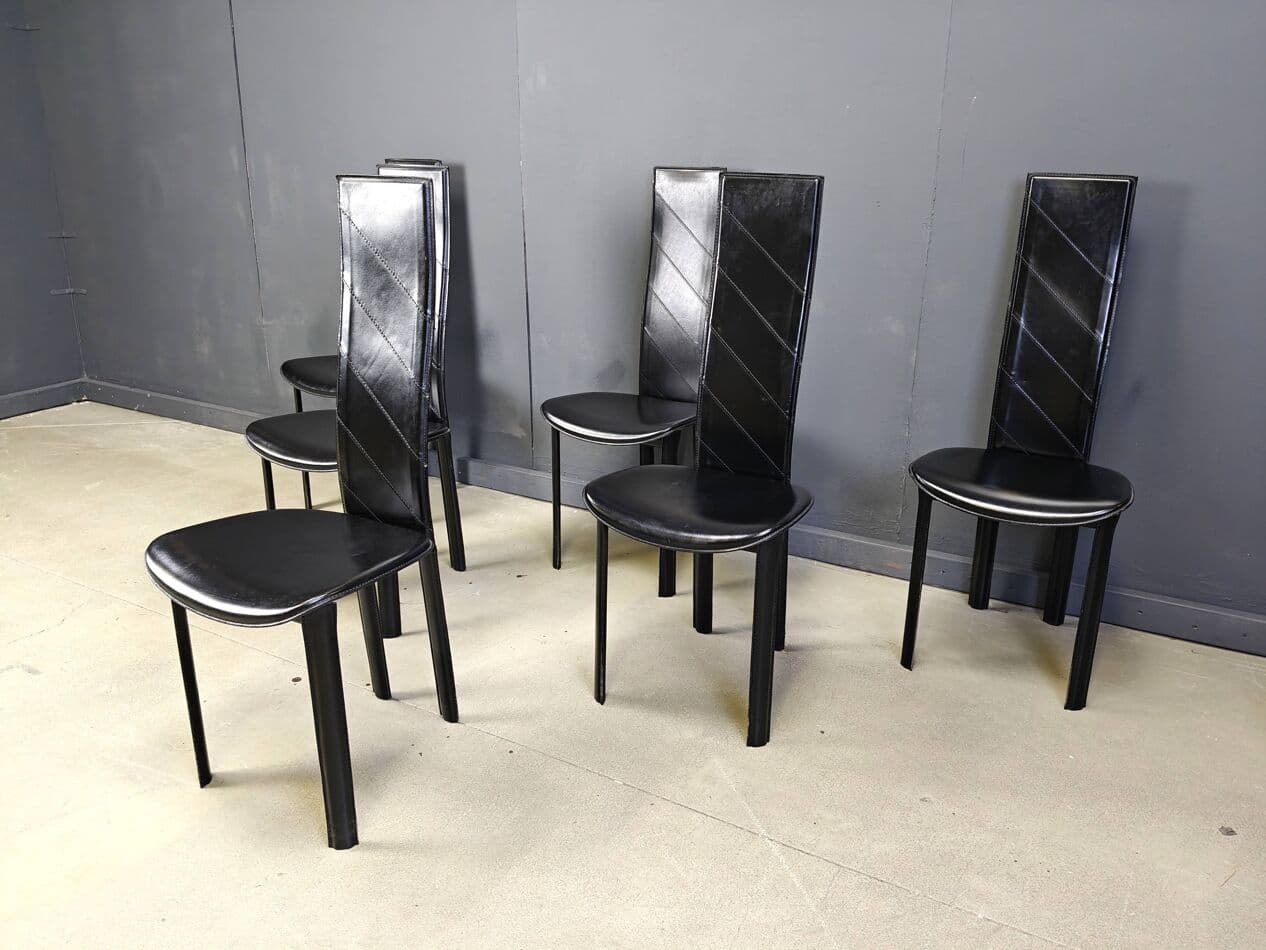 Set of six dining chairs, black leather, Italy, 1980s. - 272338