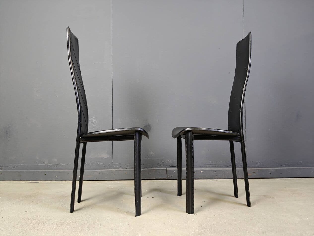 Set of six dining chairs, black leather, Italy, 1980s. - 272336