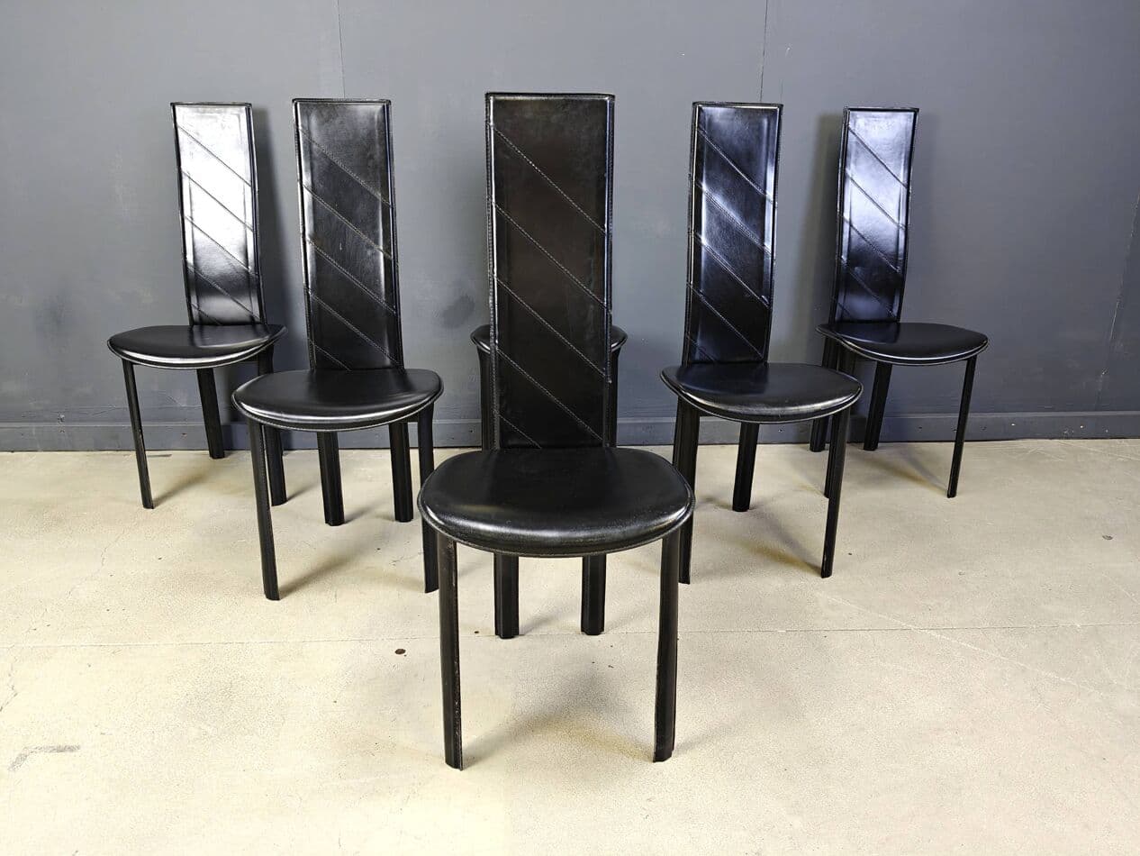 Set of six dining chairs, black leather, Italy, 1980s. - 272341