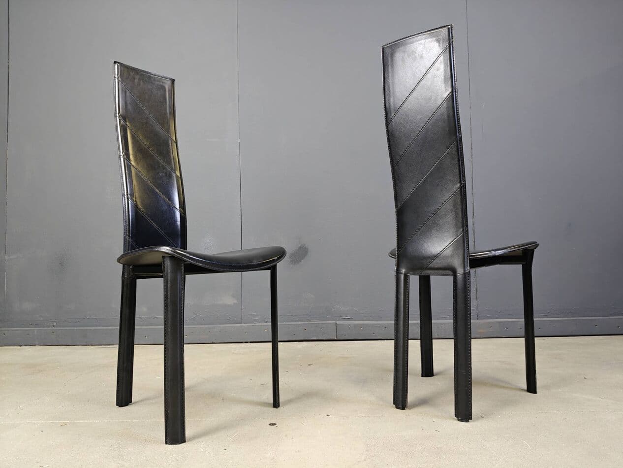 Set of six dining chairs, black leather, Italy, 1980s. - 272333