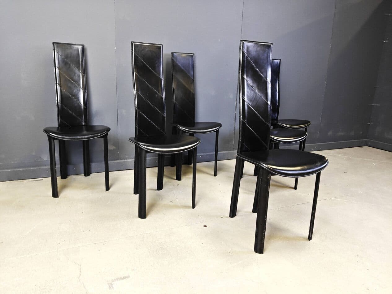 Set of six dining chairs, black leather, Italy, 1980s. - 272339