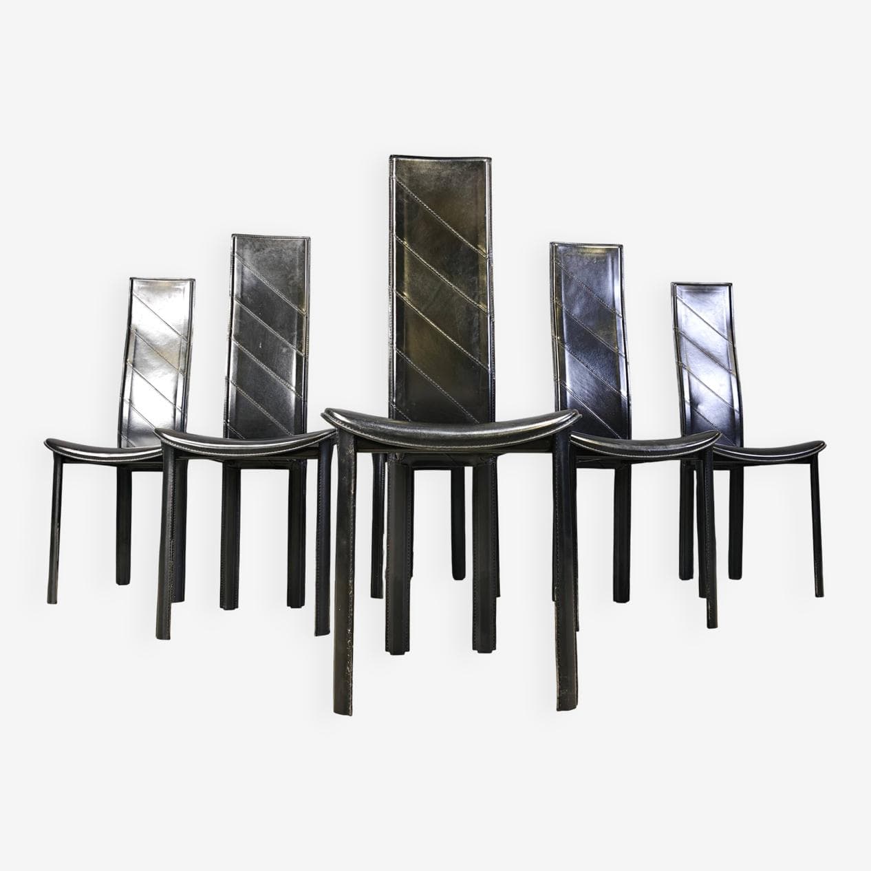 Set of six dining chairs, black leather, Italy, 1980s. - 272334