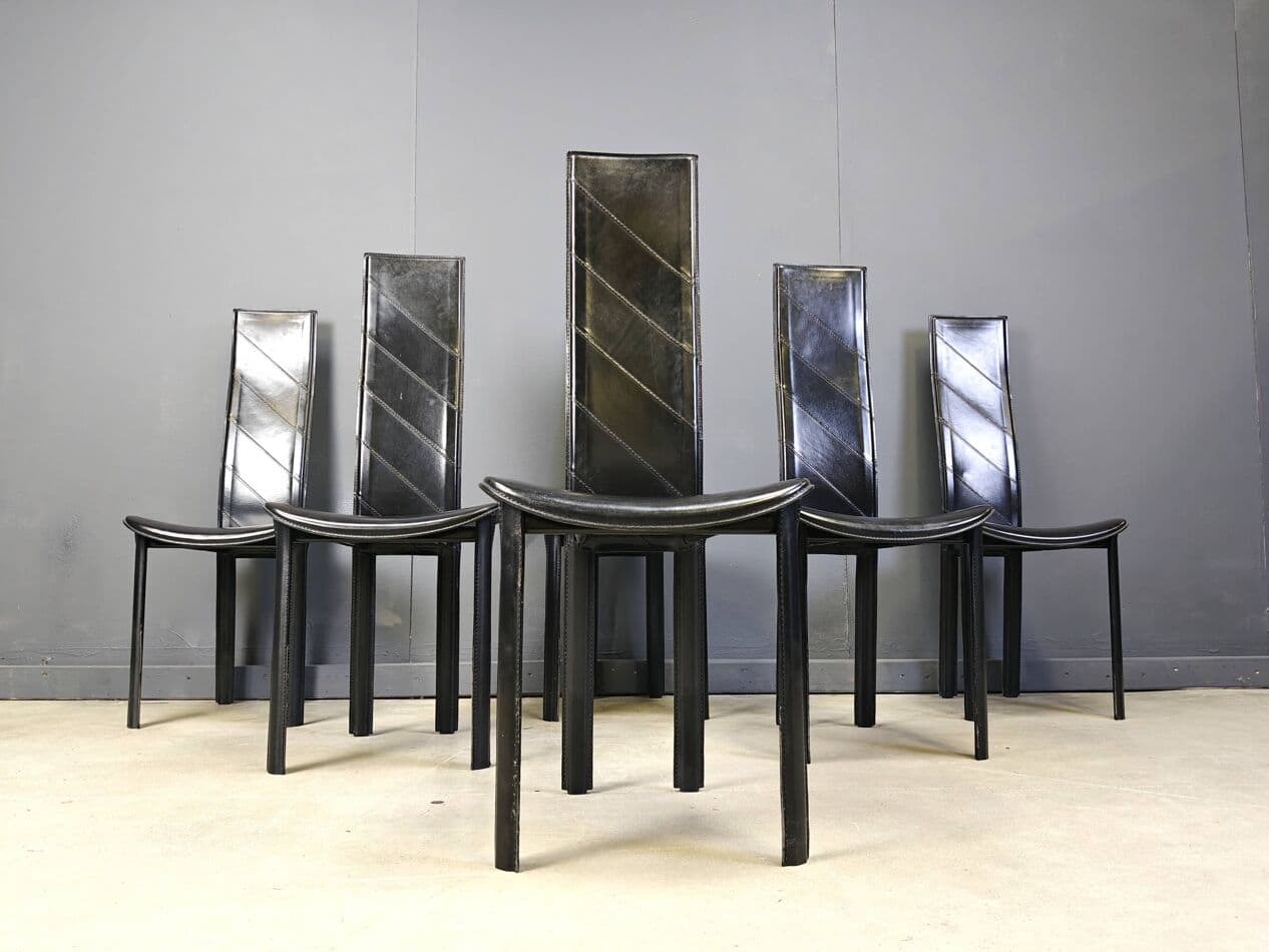 Set of six dining chairs, black leather, Italy, 1980s. - 272340