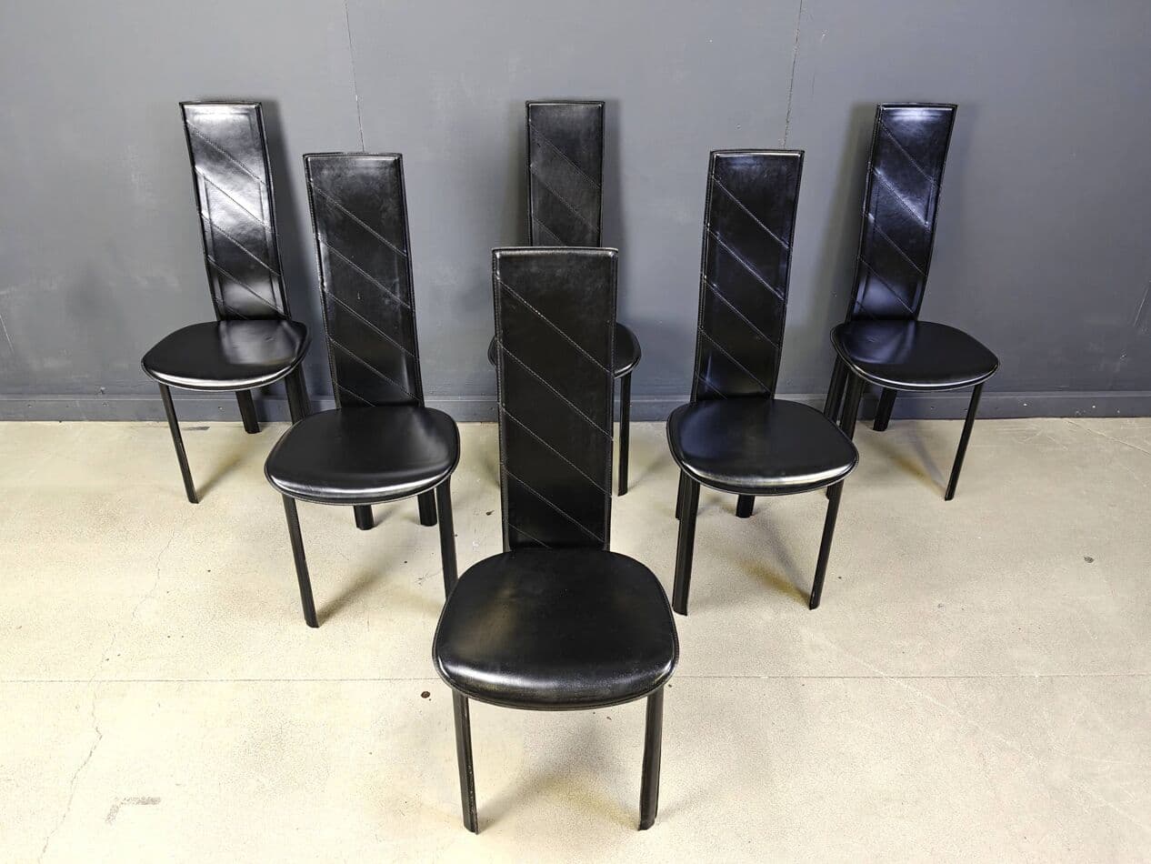 Set of six dining chairs, black leather, Italy, 1980s. - 272342