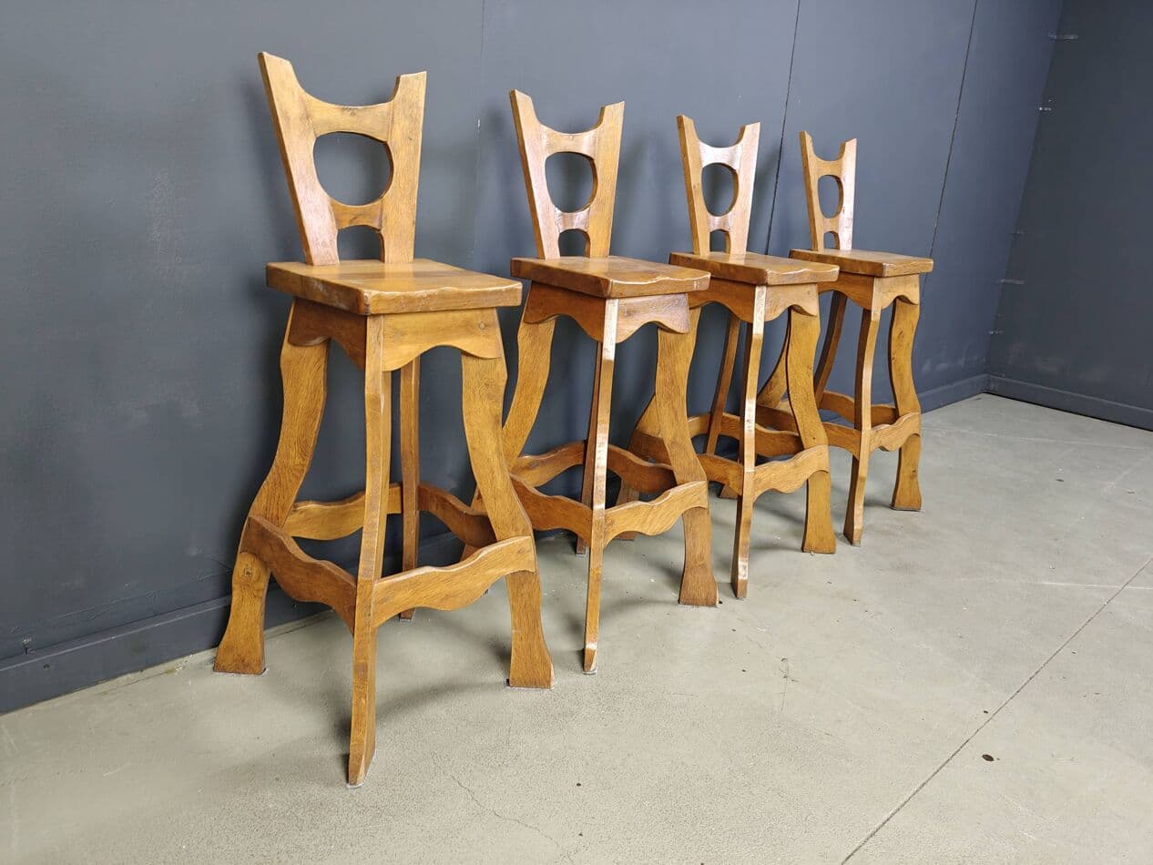 Zestaw czterech stołków barowych brutalistycznych, dąb brązowy, Niemcy, lata 60. - 272325