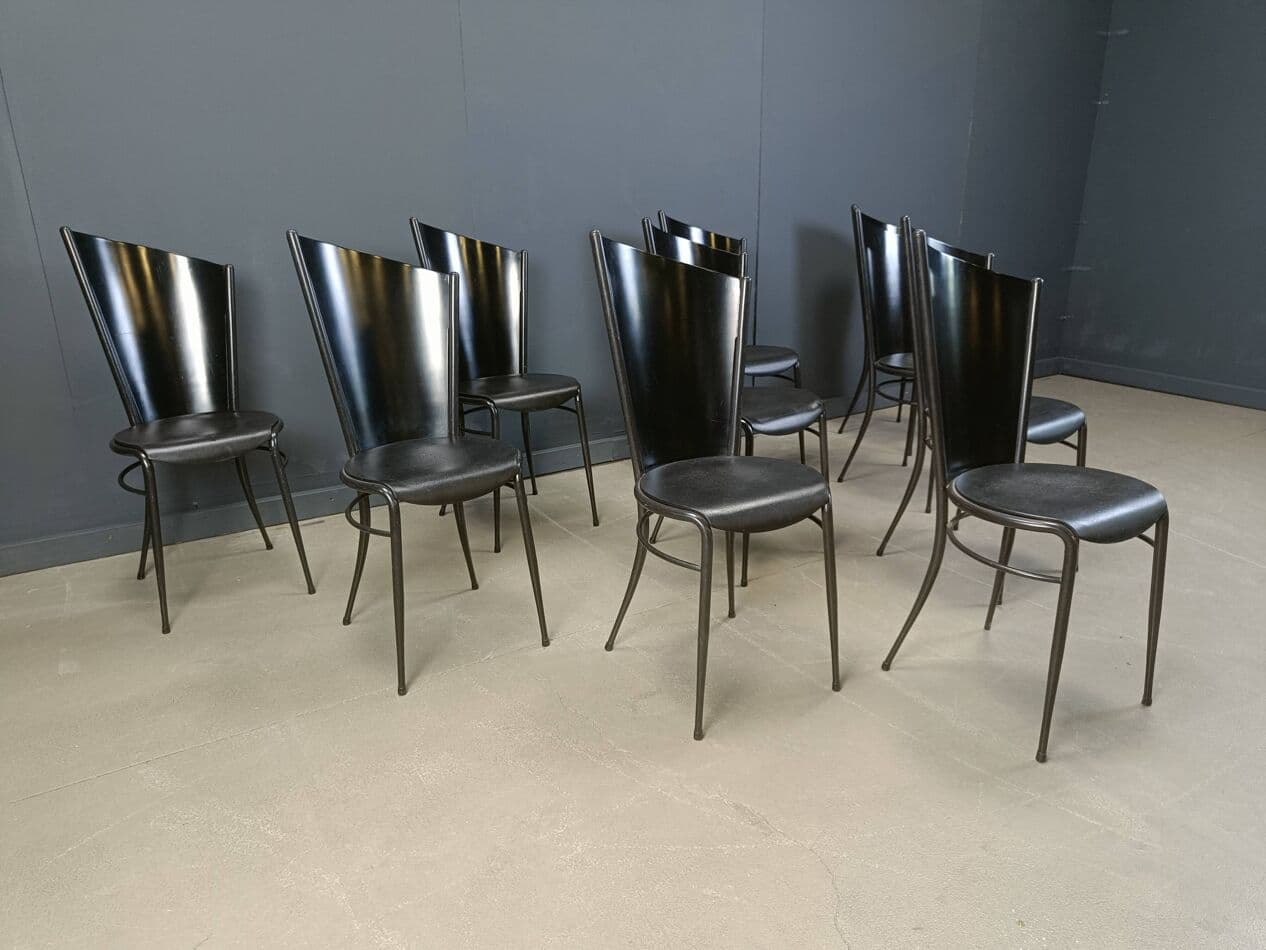 Zestaw dziesięciu krzeseł postmodernistycznych, drewno czarne, metal czarny, Włochy, lata 80. - 272135