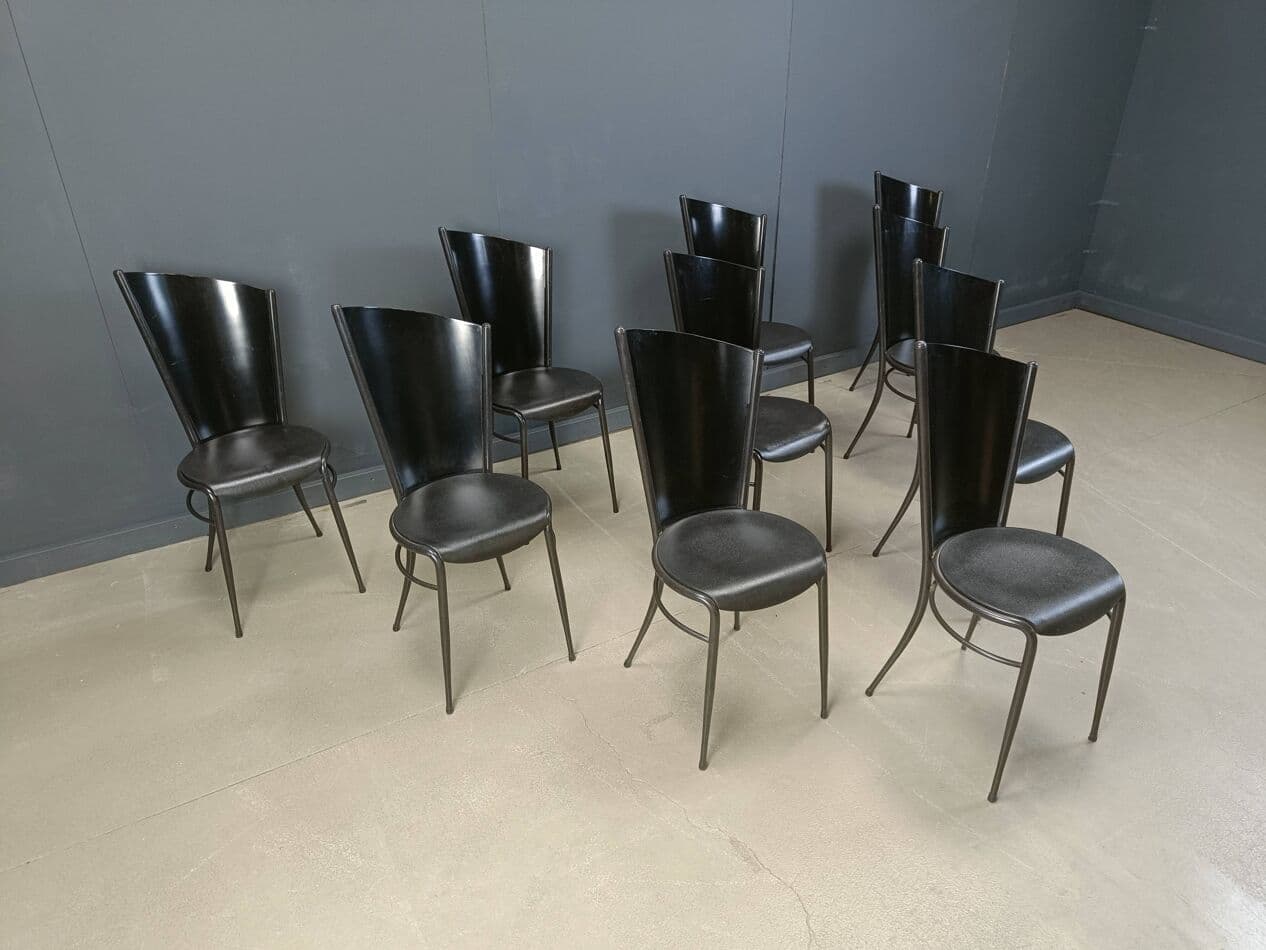 Zestaw dziesięciu krzeseł postmodernistycznych, drewno czarne, metal czarny, Włochy, lata 80. - 272134