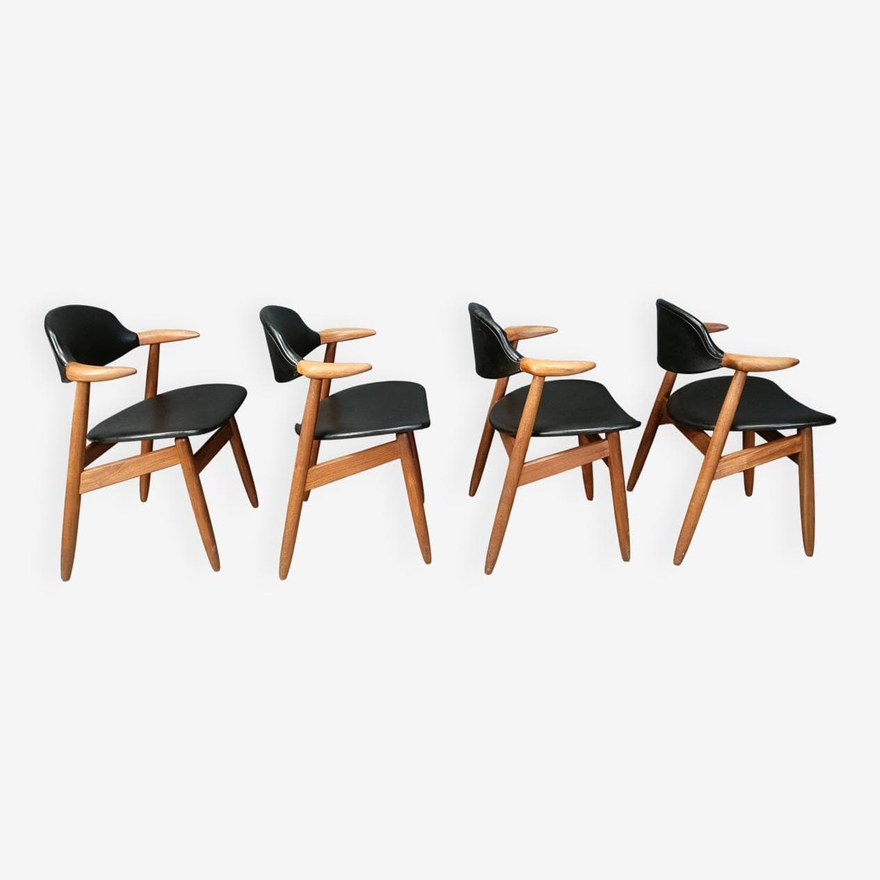 Zestaw czterech krzeseł Cow Horn, teak brązowy, skaj czarny, Holandia, lata 60. - 272075