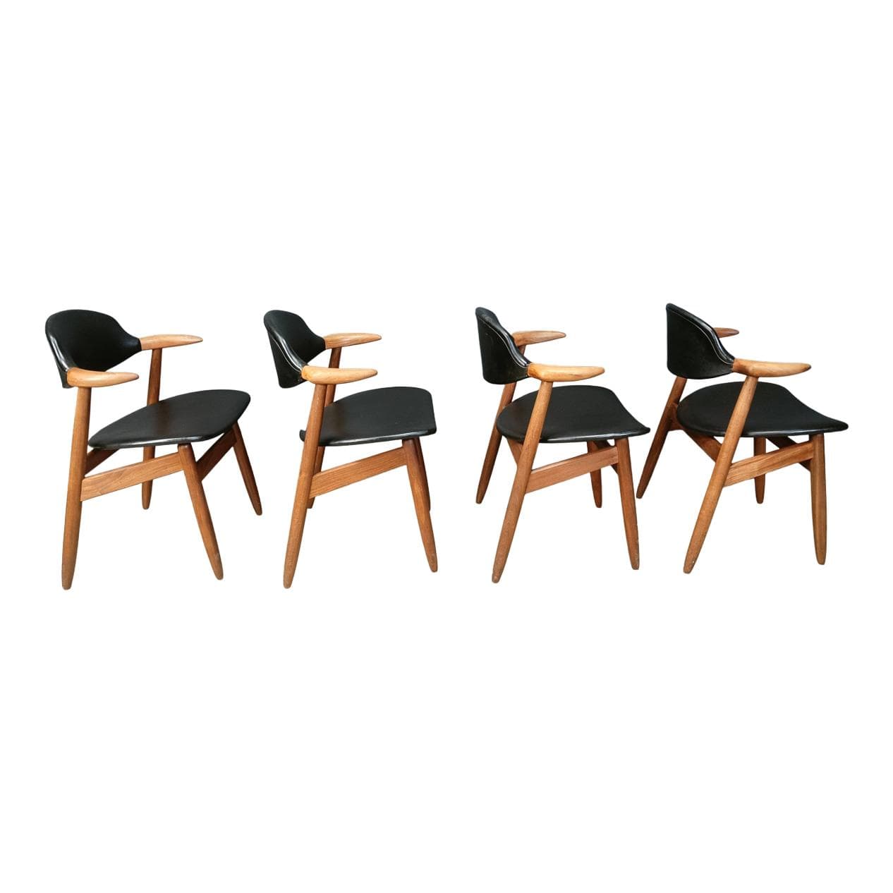 Zestaw czterech krzeseł Cow Horn, teak brązowy, skaj czarny, Holandia, lata 60.