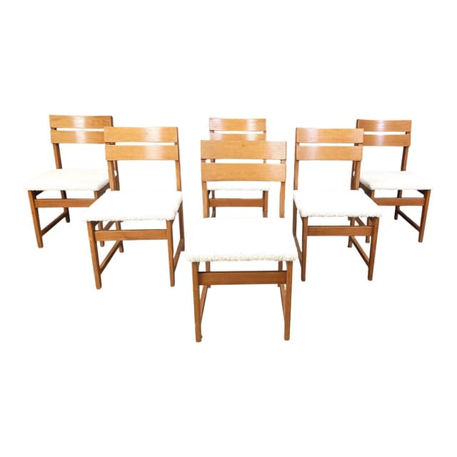 Zestaw sześciu krzeseł brutalistycznych, drewno brązowy, bouclé biały, Niemcy, lata 70. - WYMIARY