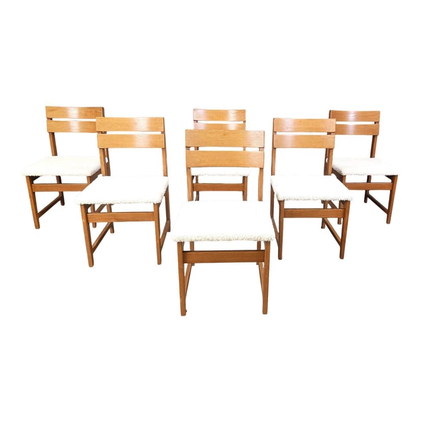 Zestaw sześciu krzeseł brutalistycznych, drewno brązowy, bouclé biały, Niemcy, lata 70.