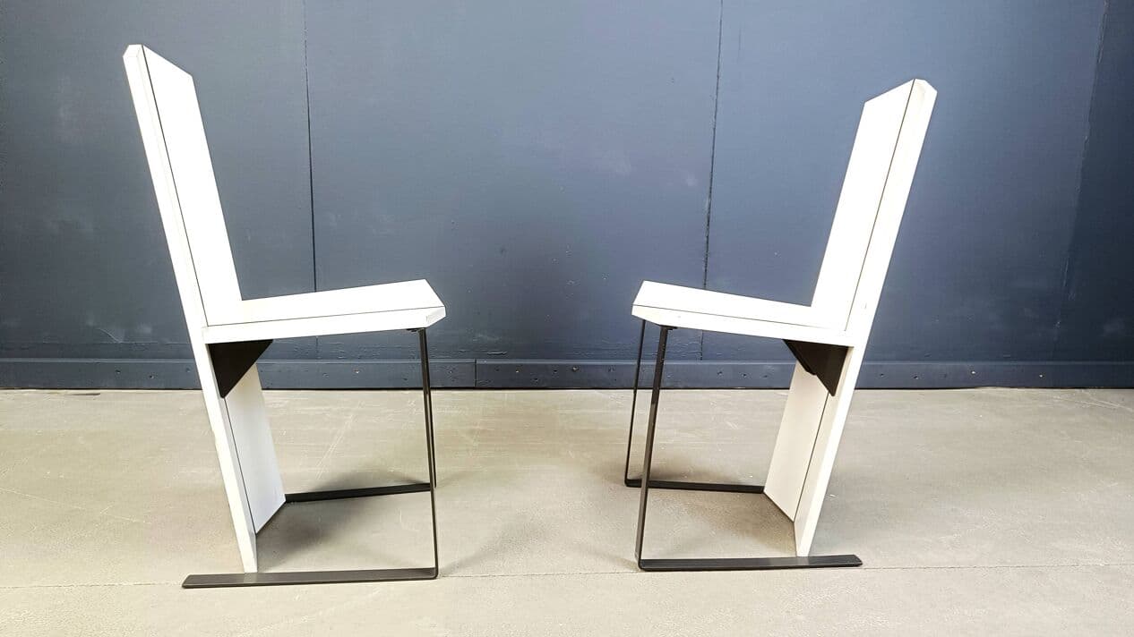 Set of Six Postmodern Dining Chairs, white wood, black metal, Italy, 1980s - 272007