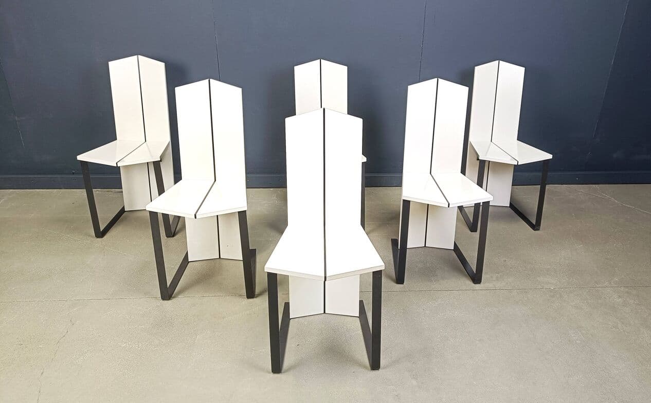 Set of Six Postmodern Dining Chairs, white wood, black metal, Italy, 1980s - 272006