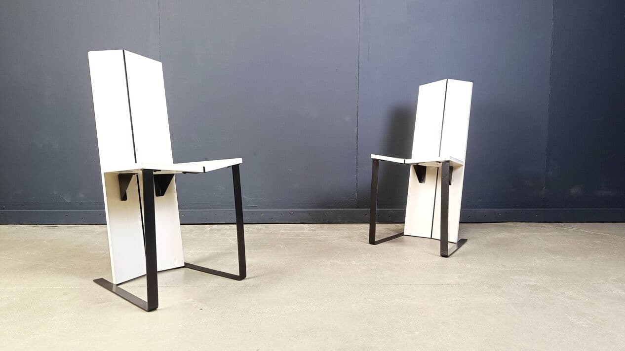 Set of Six Postmodern Dining Chairs, white wood, black metal, Italy, 1980s - 272017