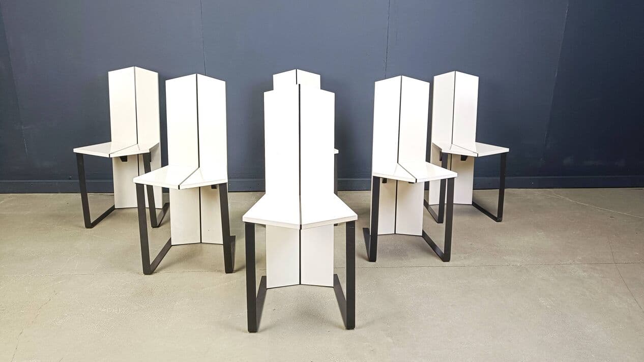 Set of Six Postmodern Dining Chairs, white wood, black metal, Italy, 1980s - 272010