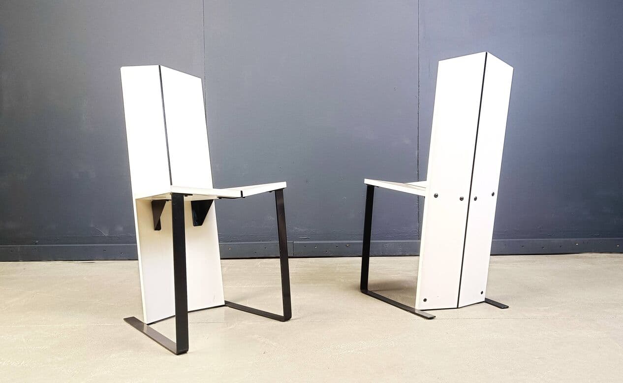 Set of Six Postmodern Dining Chairs, white wood, black metal, Italy, 1980s - 272008