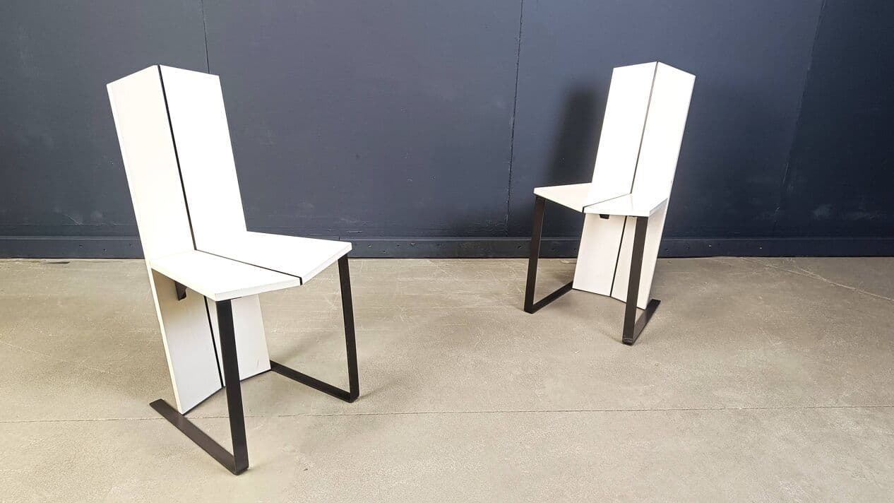 Set of Six Postmodern Dining Chairs, white wood, black metal, Italy, 1980s - 272016