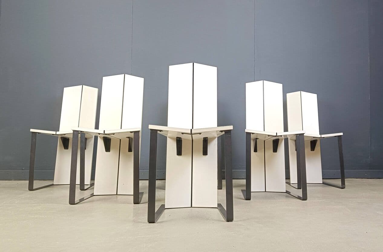 Set of Six Postmodern Dining Chairs, white wood, black metal, Italy, 1980s - 272012