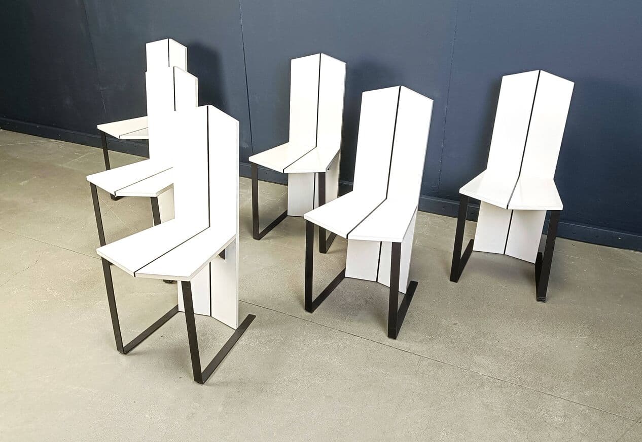 Set of Six Postmodern Dining Chairs, white wood, black metal, Italy, 1980s - 272014