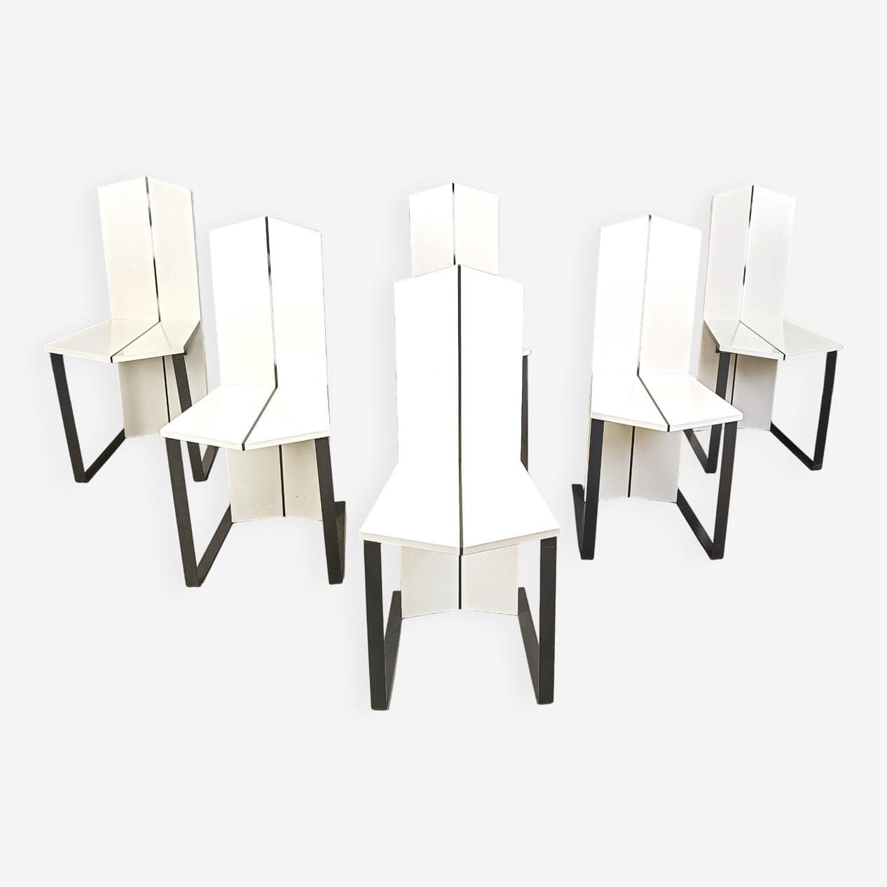 Set of Six Postmodern Dining Chairs, white wood, black metal, Italy, 1980s - 272009
