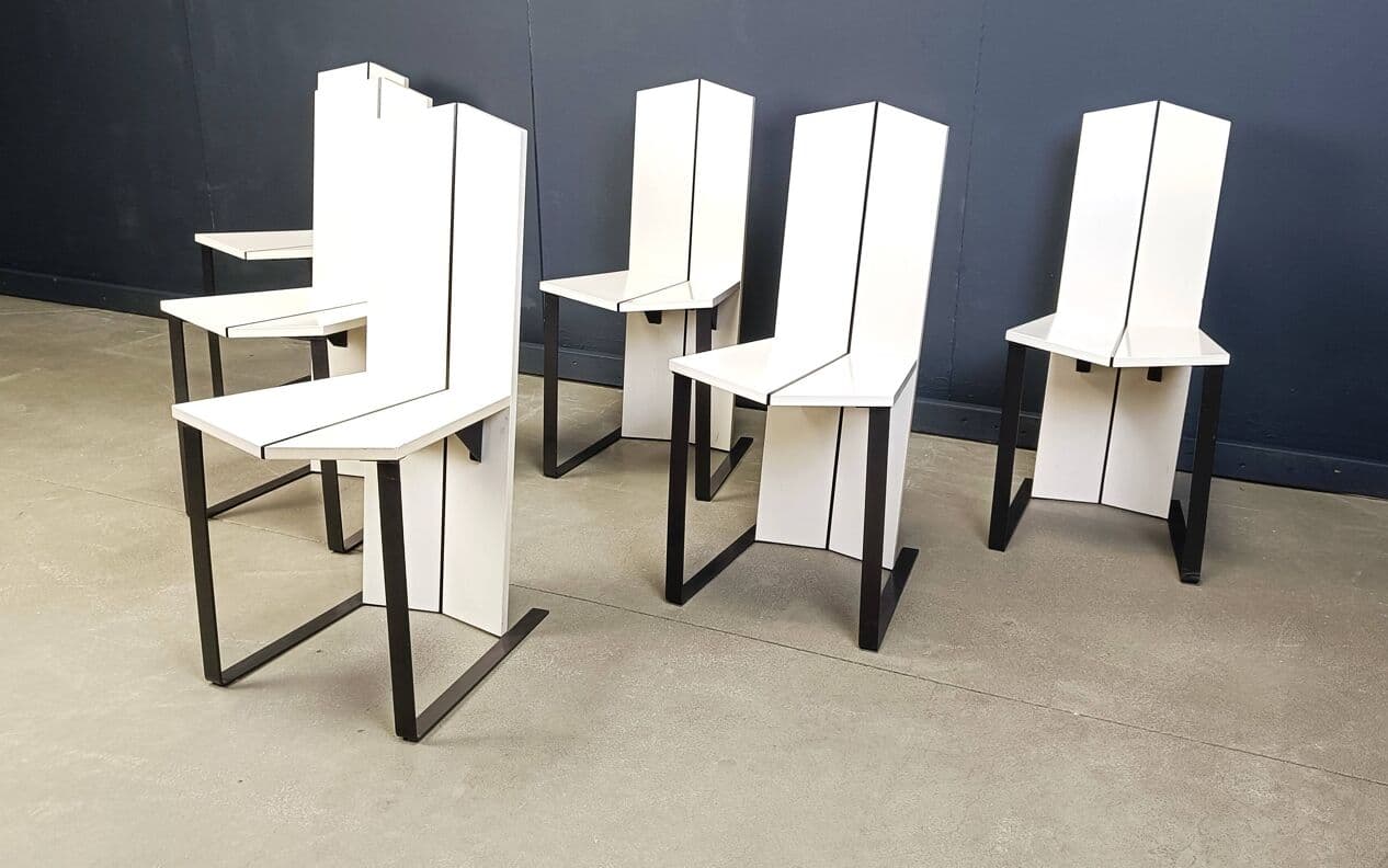 Set of Six Postmodern Dining Chairs, white wood, black metal, Italy, 1980s - 272015