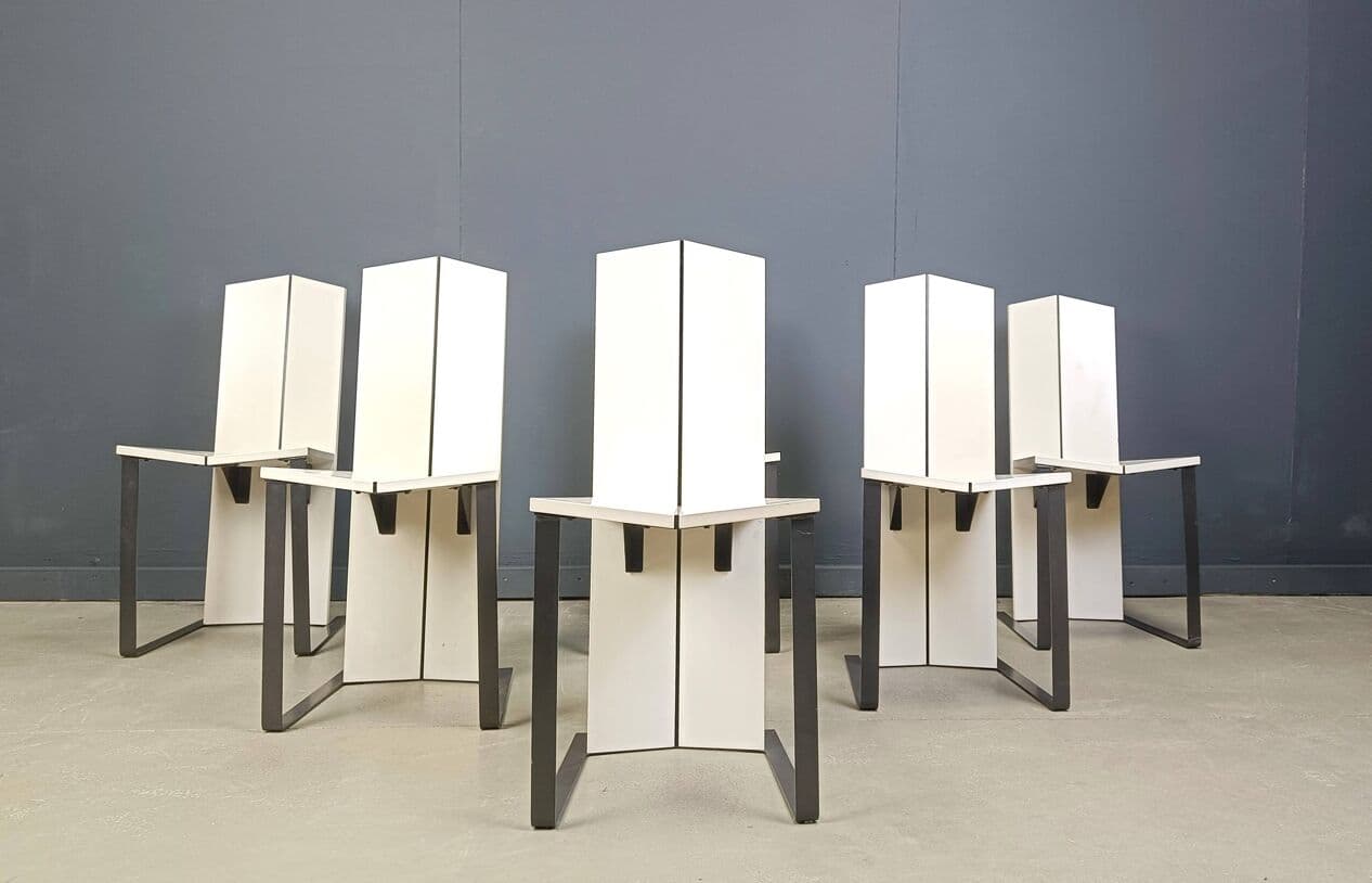 Set of Six Postmodern Dining Chairs, white wood, black metal, Italy, 1980s - 272011