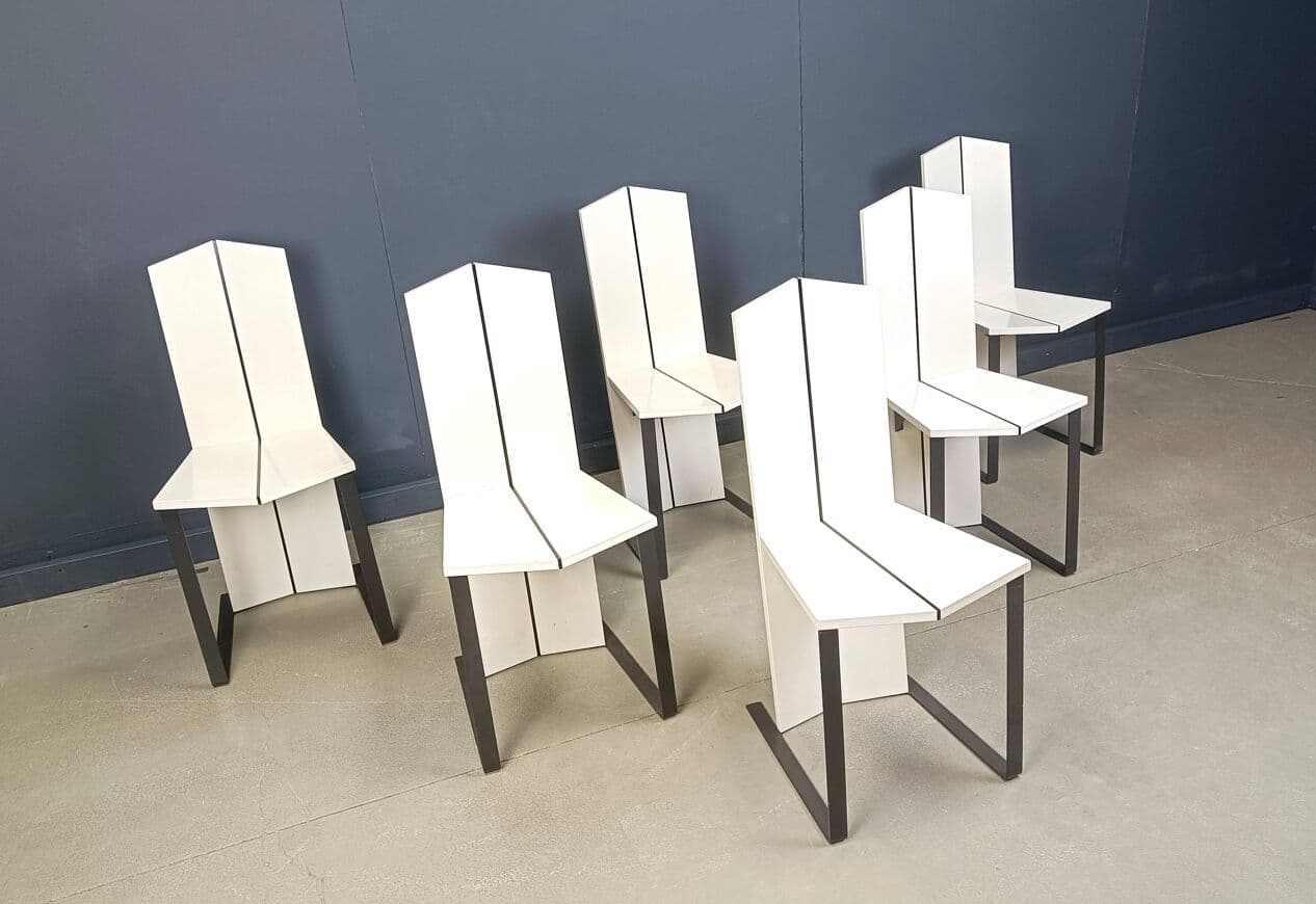 Set of Six Postmodern Dining Chairs, white wood, black metal, Italy, 1980s - 272013