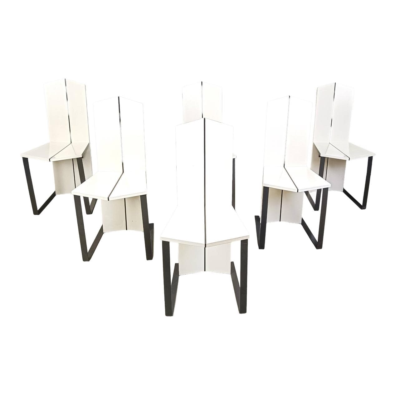 Set of Six Postmodern Dining Chairs, white wood, black metal, Italy, 1980s