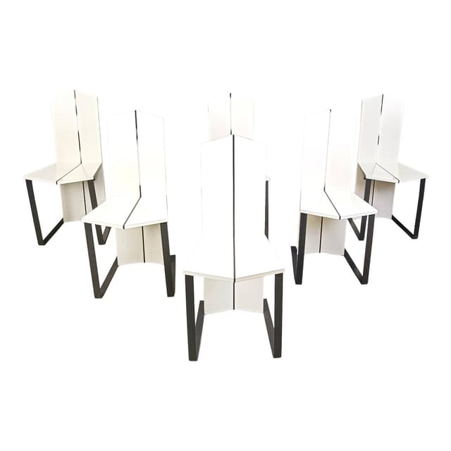 Set of Six Postmodern Dining Chairs, white wood, black metal, Italy, 1980s - DIMENSION