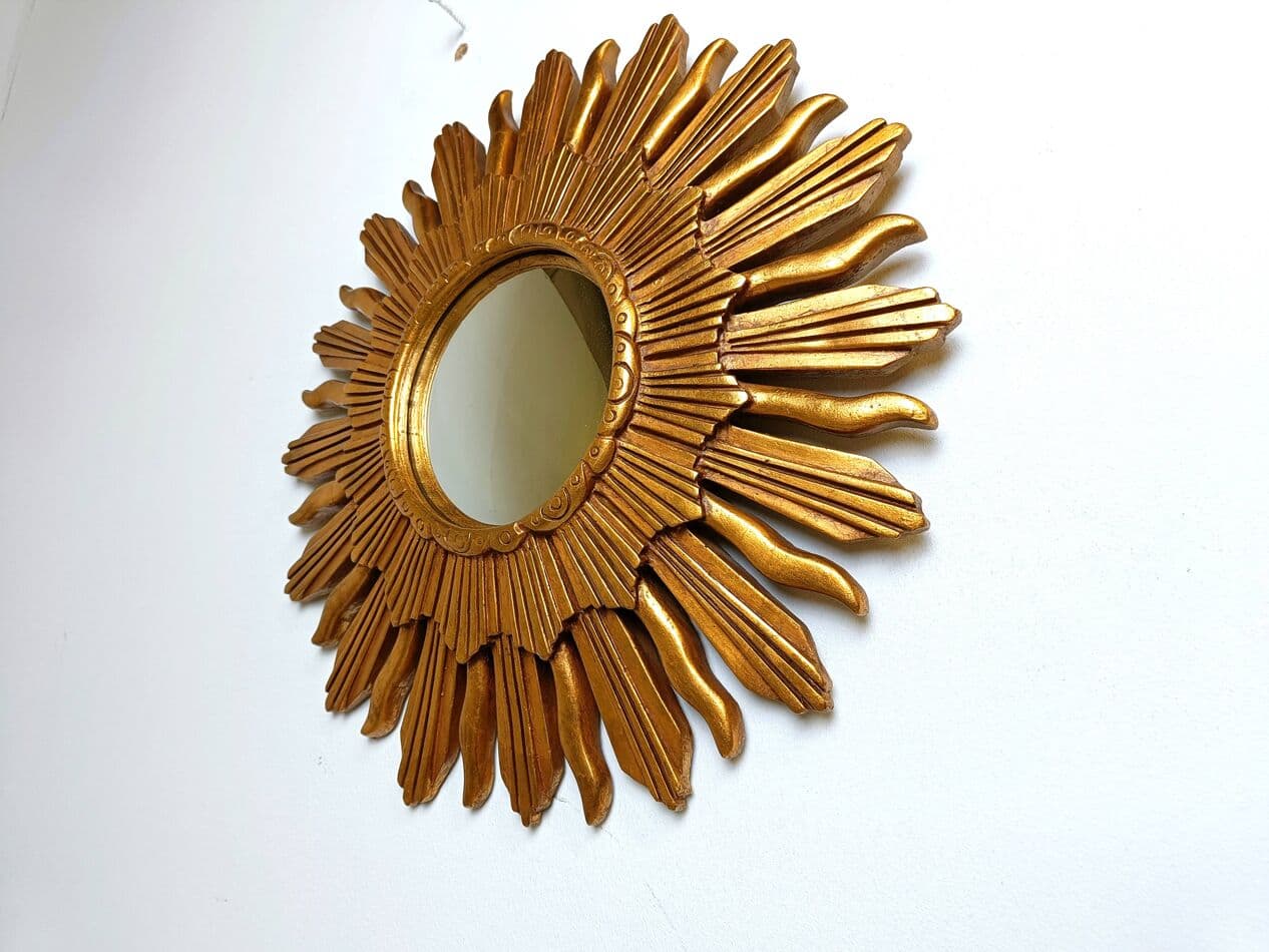 Sunburst mirror Ø48 cm, gold glass, Belgium, 1960s. - 271979
