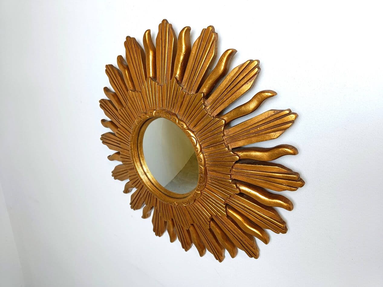 Sunburst mirror Ø48 cm, gold glass, Belgium, 1960s. - 271977