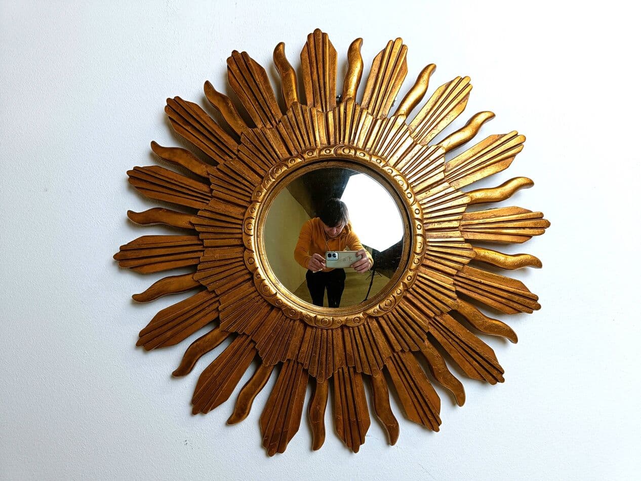 Sunburst mirror Ø48 cm, gold glass, Belgium, 1960s. - 271975