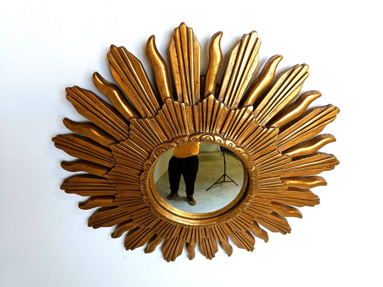 Sunburst mirror Ø48 cm, gold glass, Belgium, 1960s. - 271973