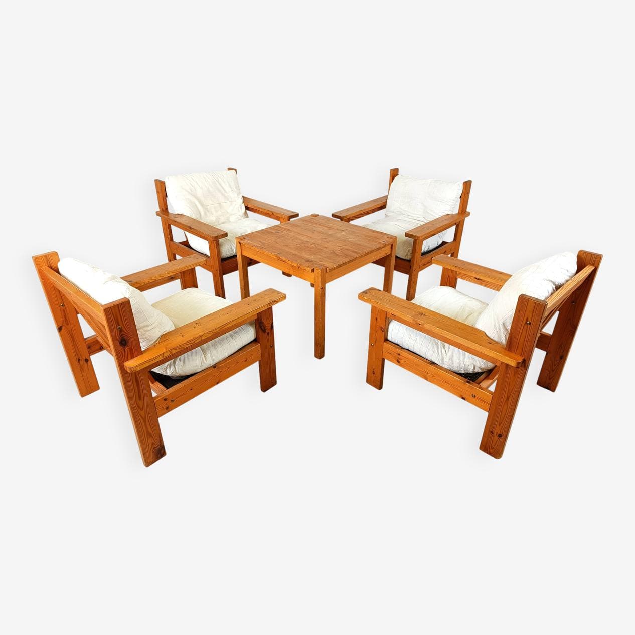 Zestaw czterech foteli wypoczynkowych, sosna, bawełna beżowa, Dania, lata 80. - 271947