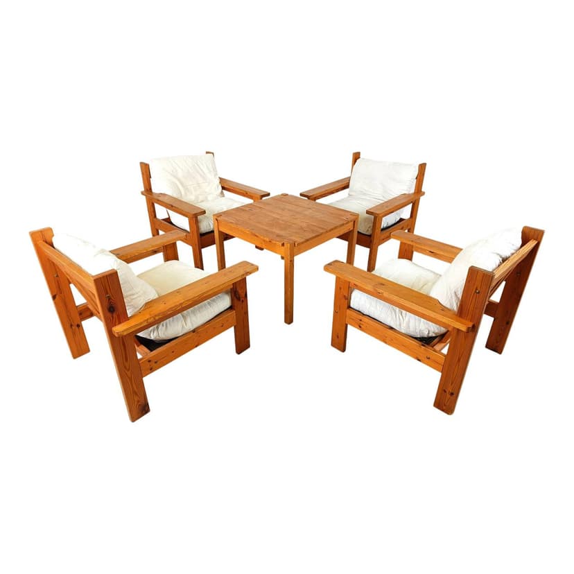 Zestaw czterech foteli wypoczynkowych, sosna, bawełna beżowa, Dania, lata 80.