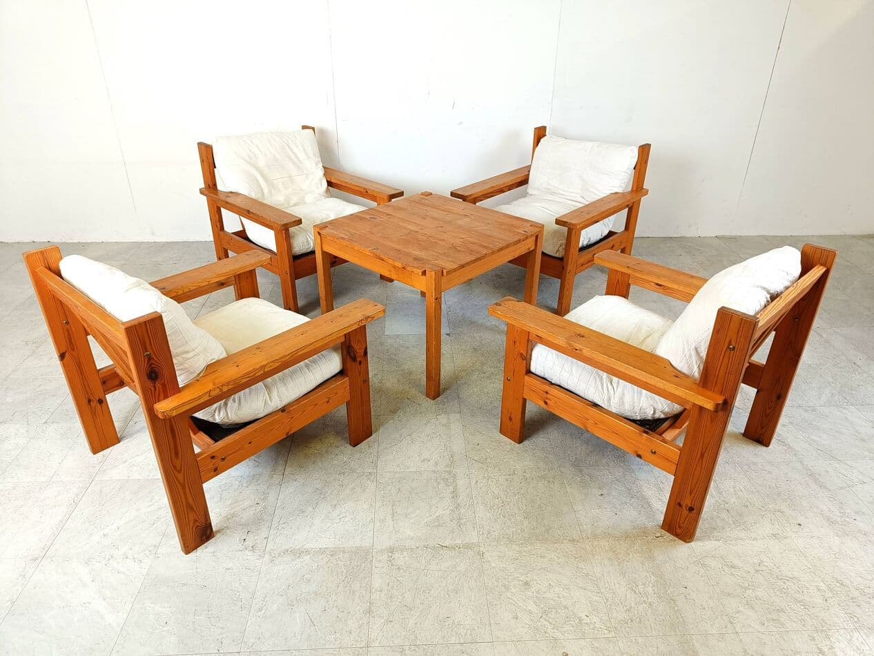 Zestaw czterech foteli wypoczynkowych, sosna, bawełna beżowa, Dania, lata 80. - 271949