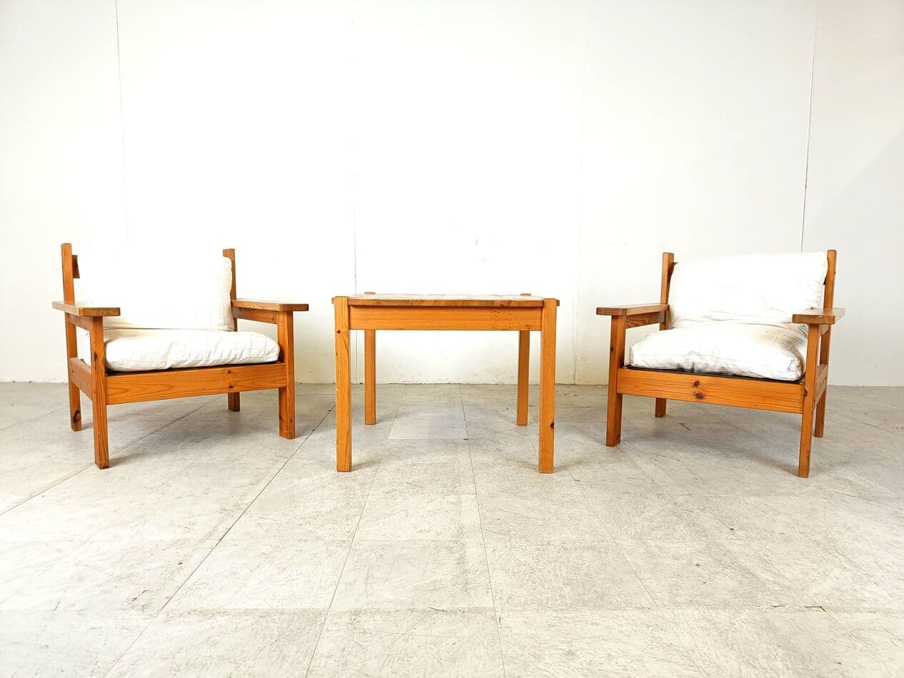 Zestaw czterech foteli wypoczynkowych, sosna, bawełna beżowa, Dania, lata 80. - 271948